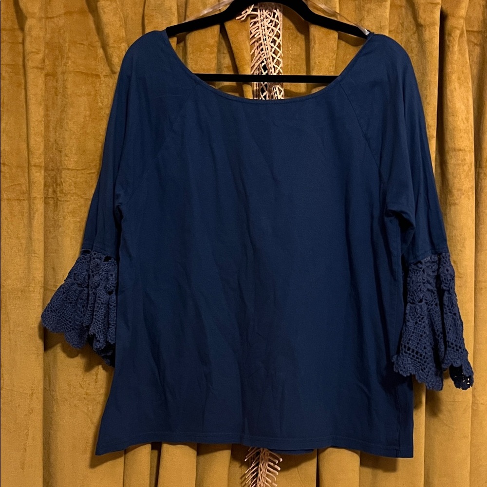 Melissa Paige Deep Blue Blouse with Lace Sleeves